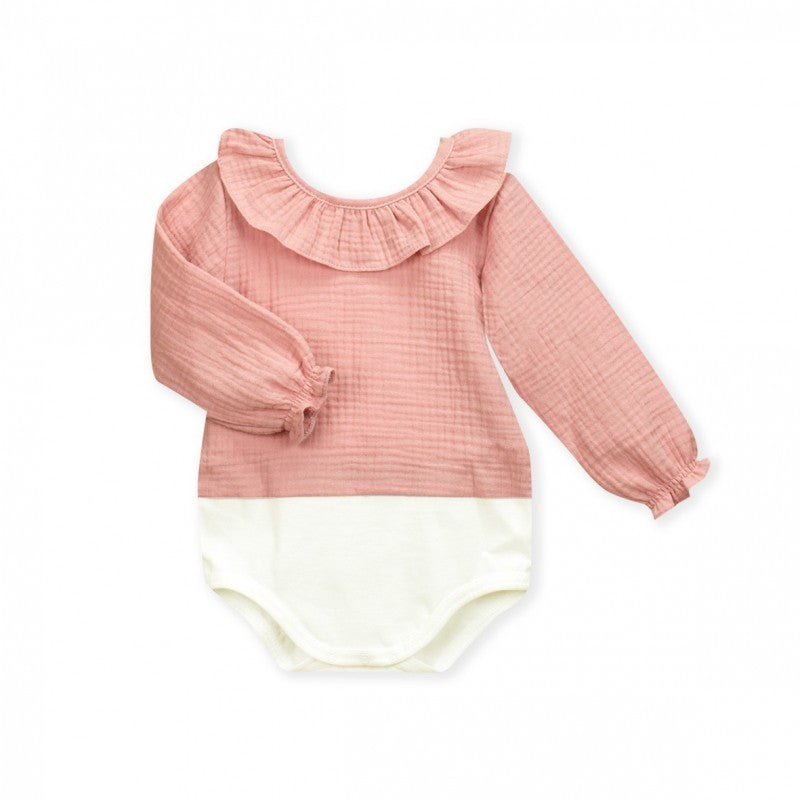 BABIDU - ROMPER MET POPELINE KRAAG ROZE/WIT