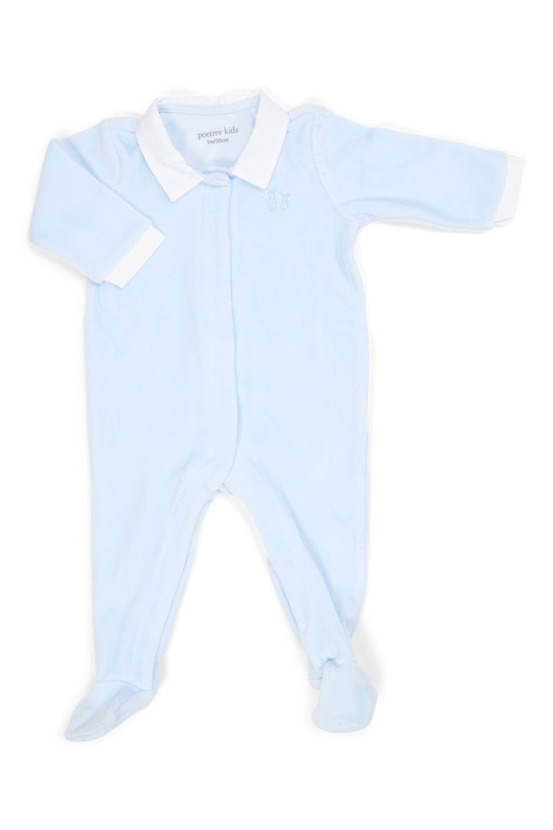 POETREE - BABYPAKJE VELOURS MET POPLIN KRAAG BLAUW